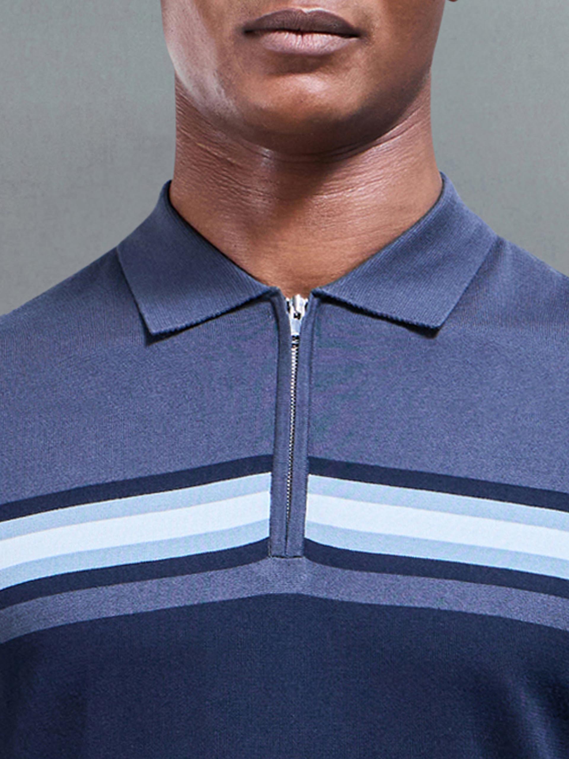 Cotton And Silk Colour Block Zip Polo Shirt in Navy