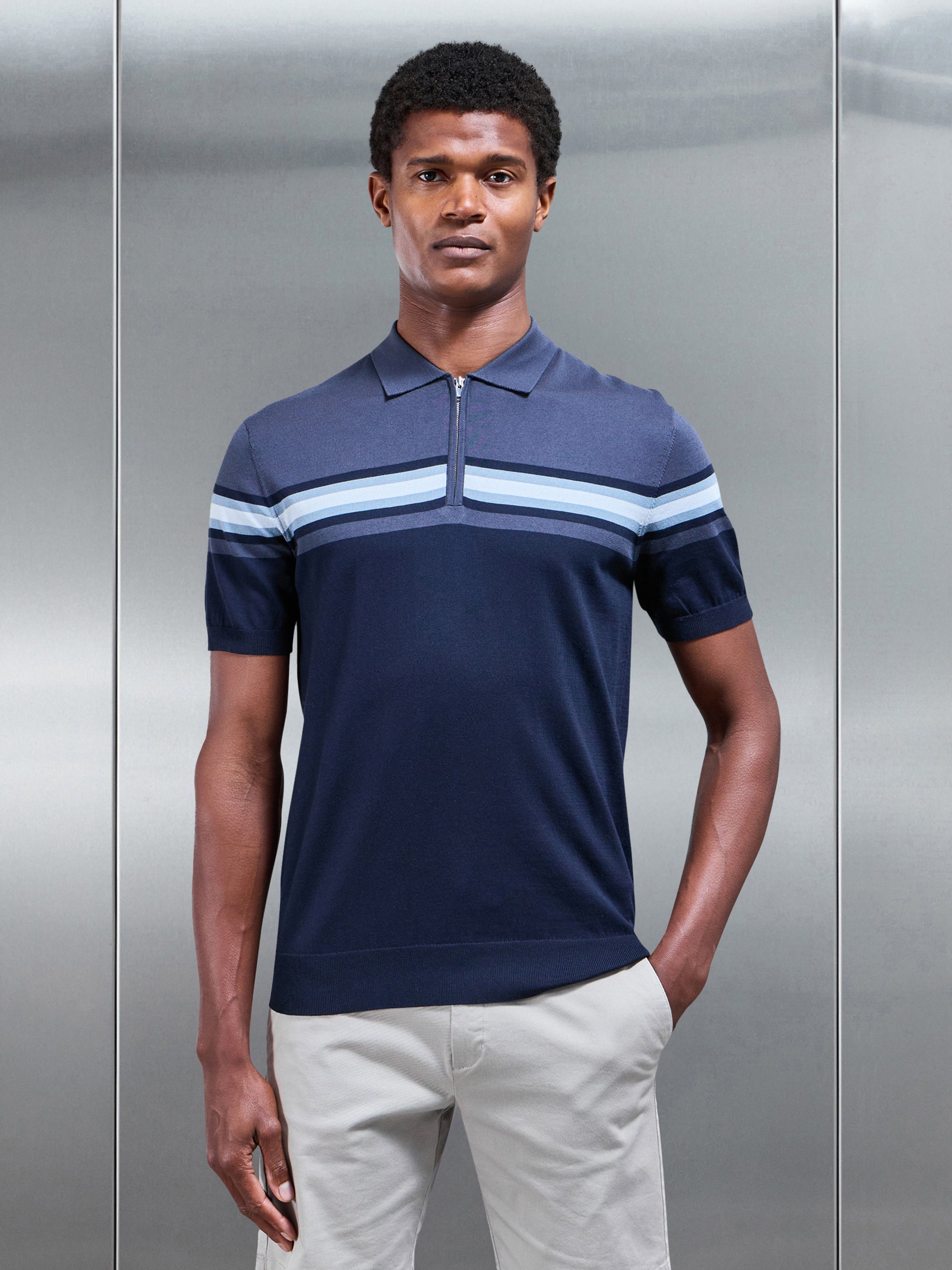 Cotton And Silk Colour Block Zip Polo Shirt in Navy