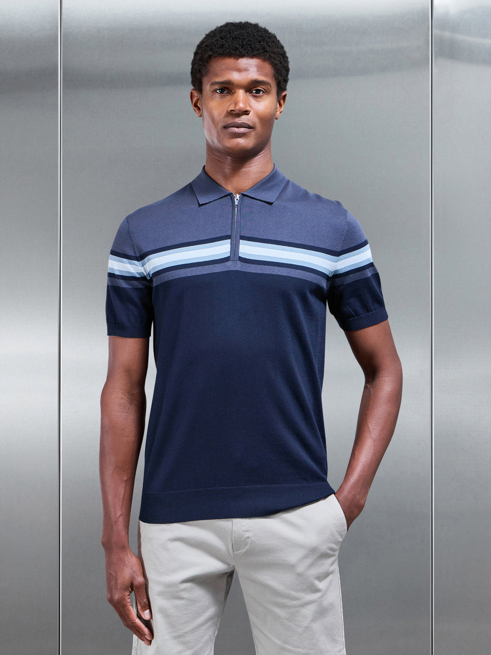 Cotton And Silk Colour Block Zip Polo Shirt in Navy