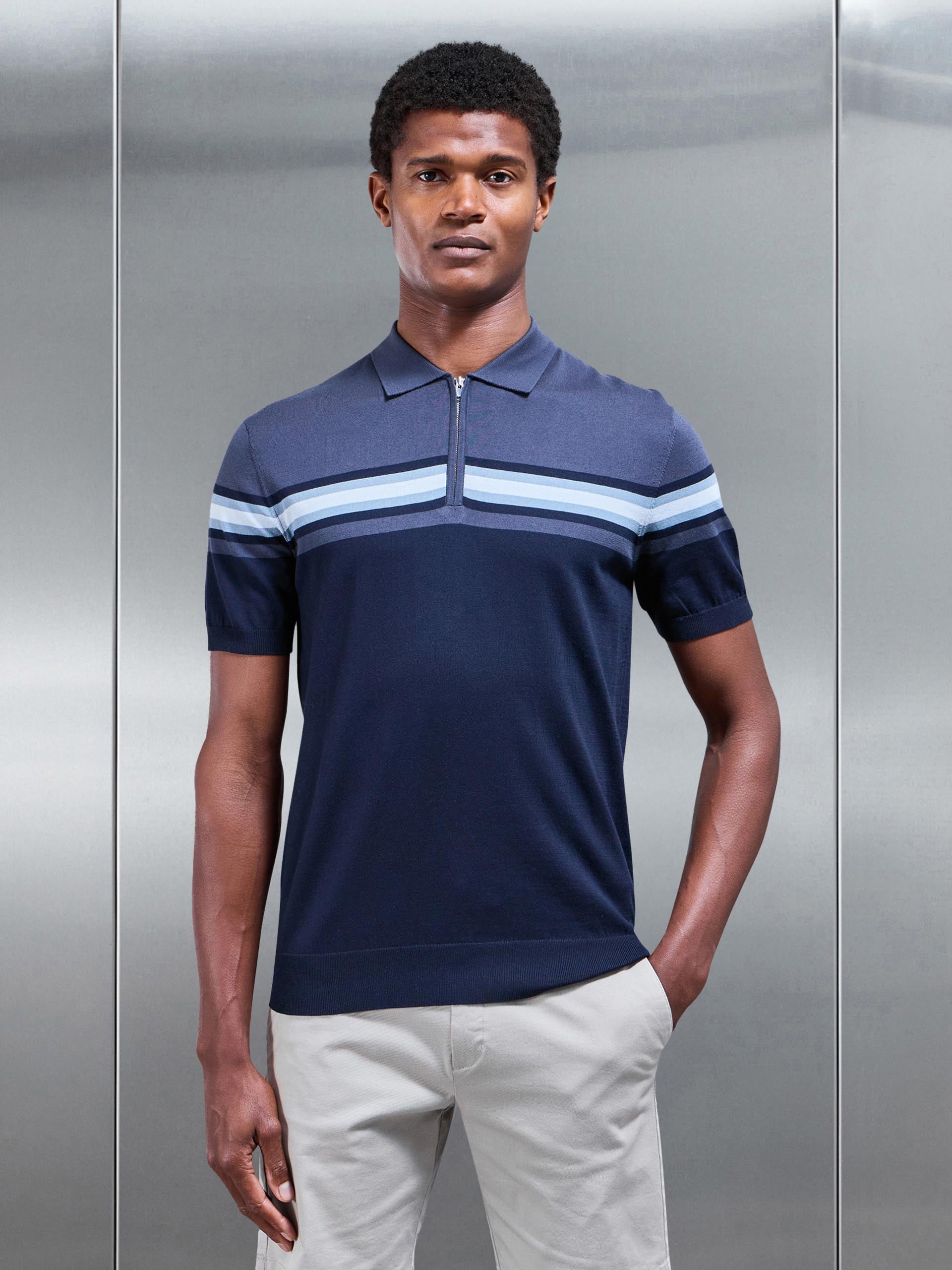 Cotton And Silk Colour Block Zip Polo Shirt in Navy