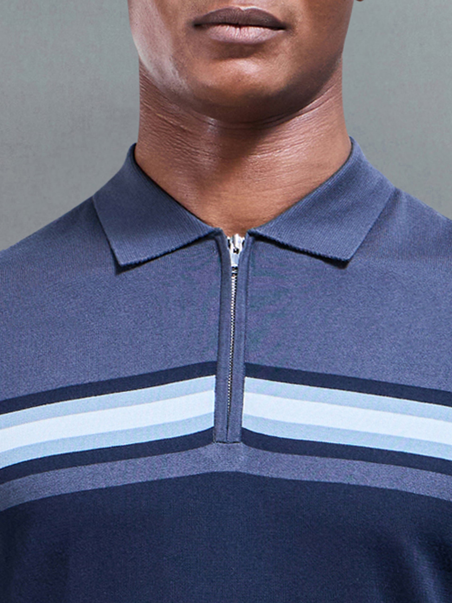 Cotton And Silk Colour Block Zip Polo Shirt in Navy