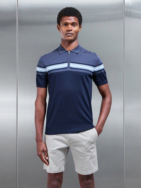 Cotton And Silk Colour Block Zip Polo Shirt in Navy
