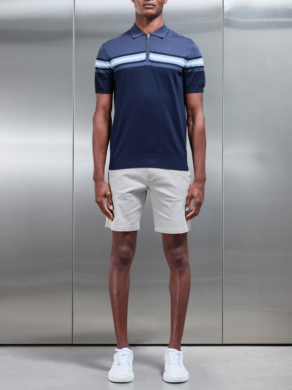 Cotton And Silk Colour Block Zip Polo Shirt in Navy