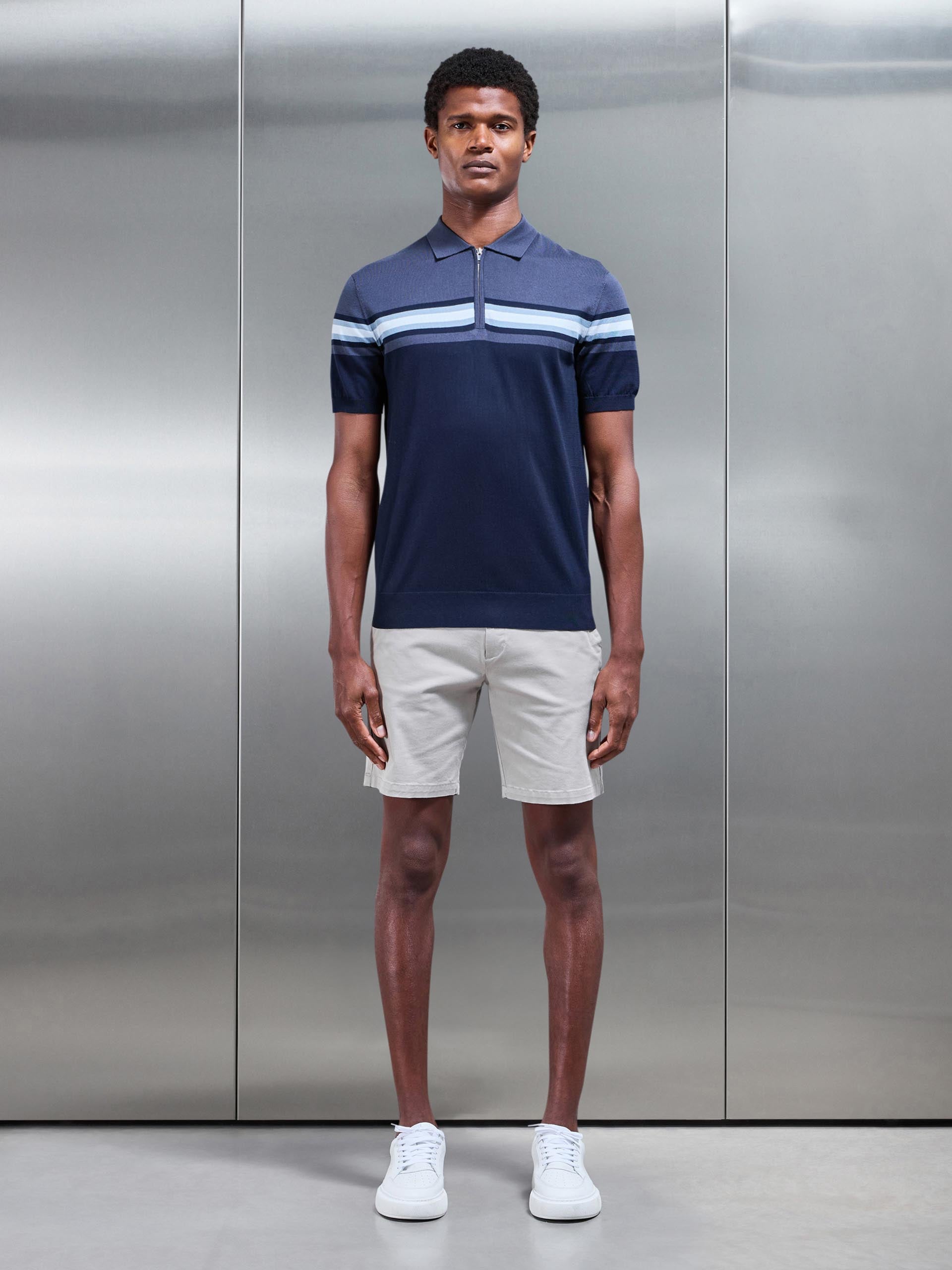 Cotton And Silk Colour Block Zip Polo Shirt in Navy