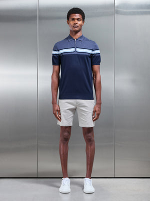 Cotton And Silk Colour Block Zip Polo Shirt in Navy