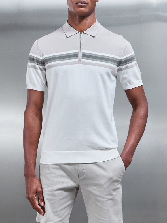 Cotton And Silk Colour Block Zip Polo Shirt in White Sage