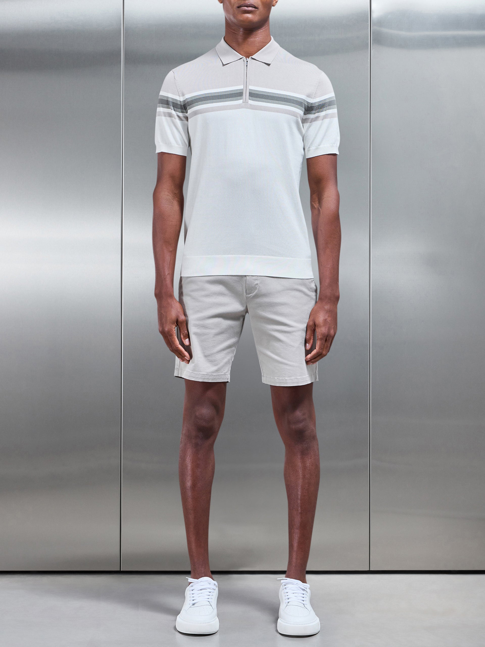 Cotton And Silk Colour Block Zip Polo Shirt in White Sage