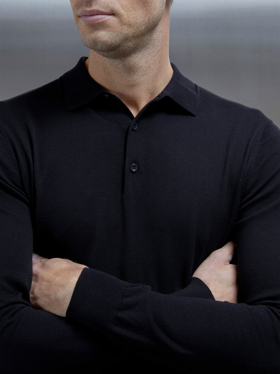 Cotton and Silk Long Sleeve Button Polo Shirt in Black