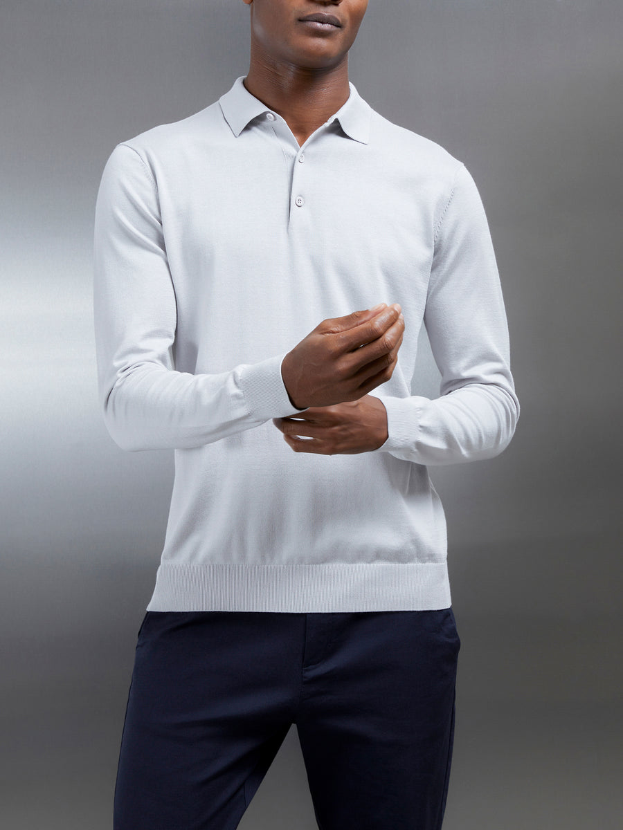 Cotton and Silk Long Sleeve Button Polo Shirt in Mid Grey