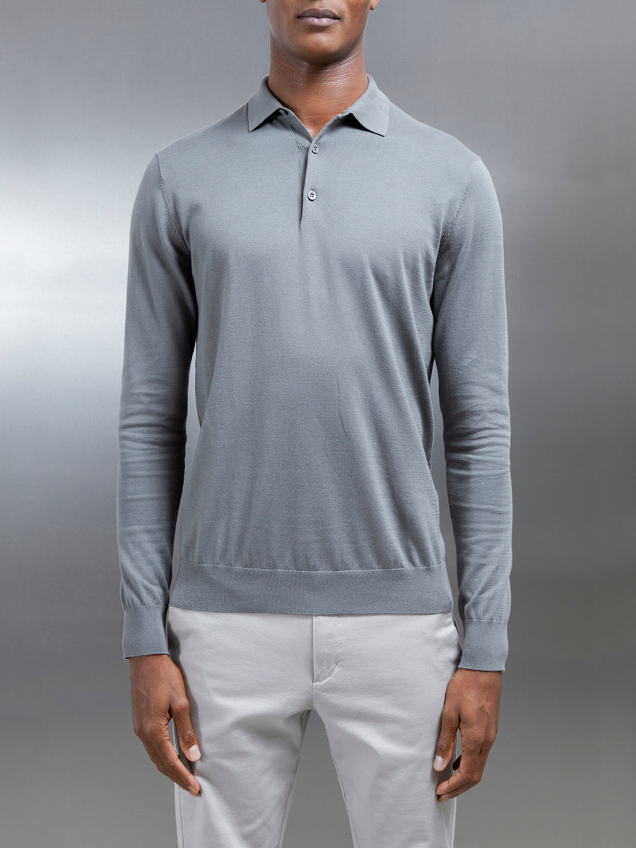 Cotton and Silk Long Sleeve Button Polo Shirt in Sage