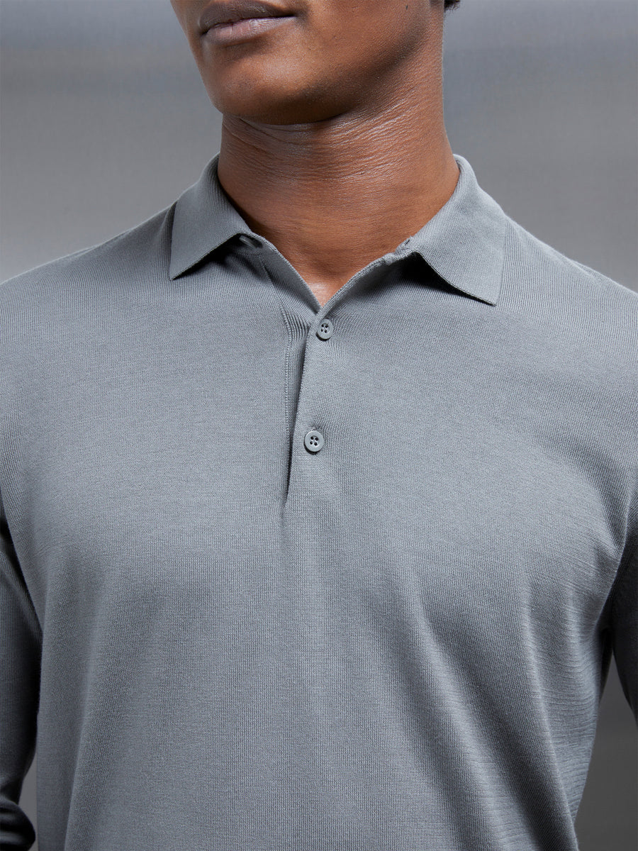 Cotton and Silk Long Sleeve Button Polo Shirt in Sage ARNE