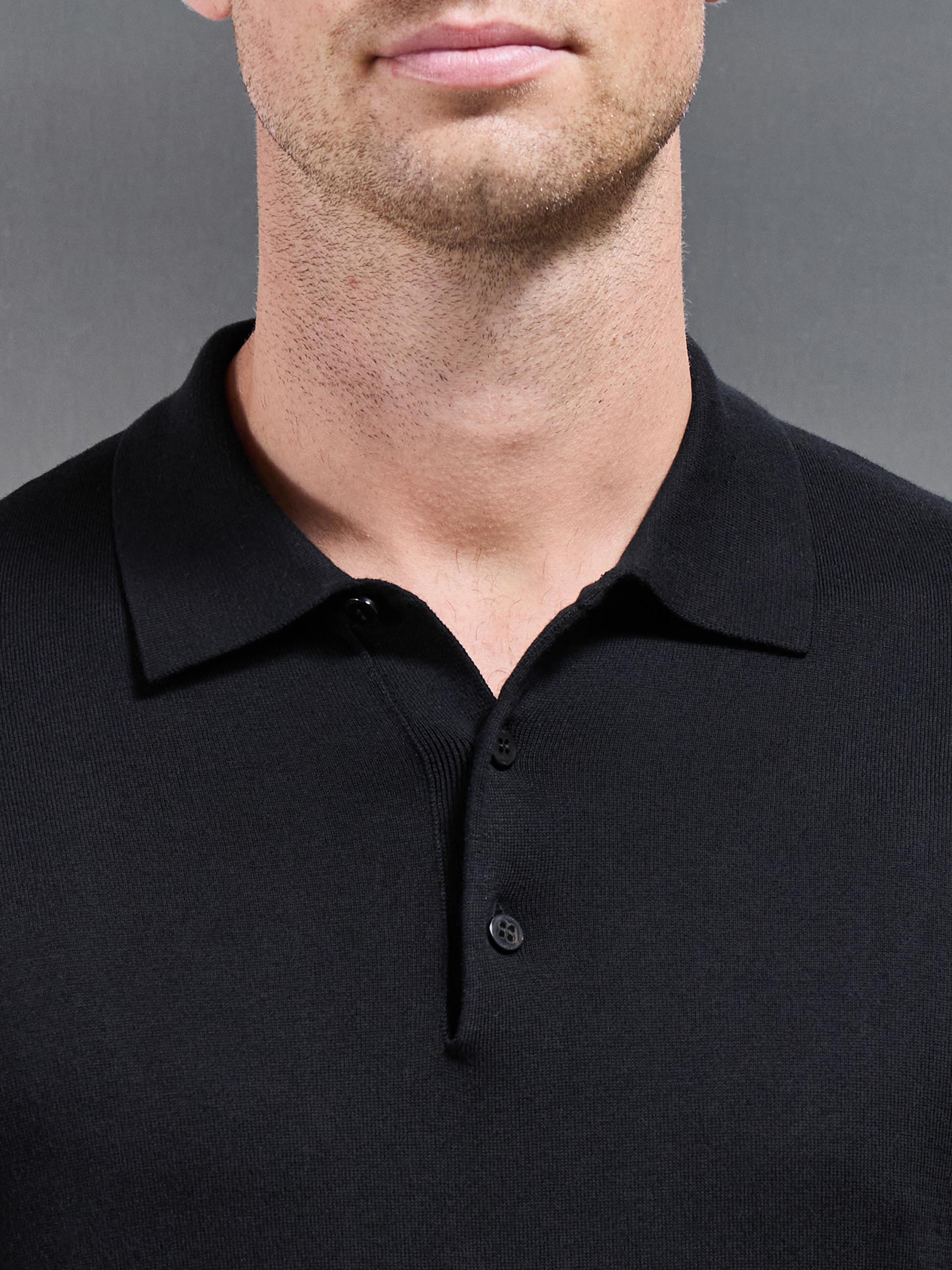 Cotton and Silk Long Sleeve Button Polo Shirt in Black