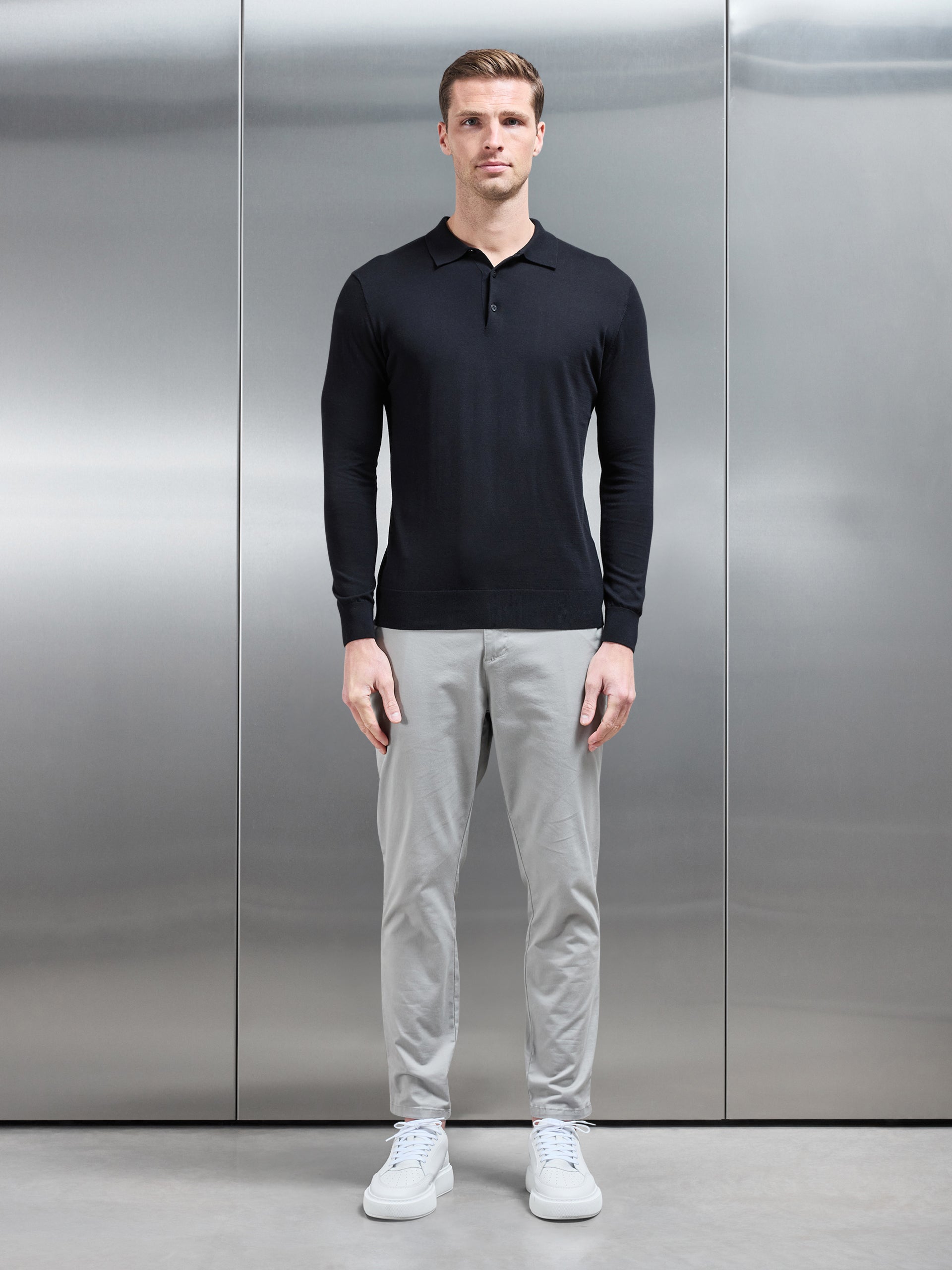 Cotton and Silk Long Sleeve Button Polo Shirt in Black
