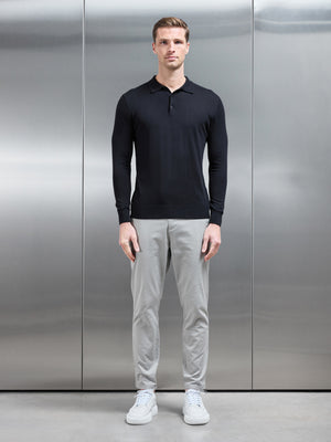 Cotton and Silk Long Sleeve Button Polo Shirt in Black