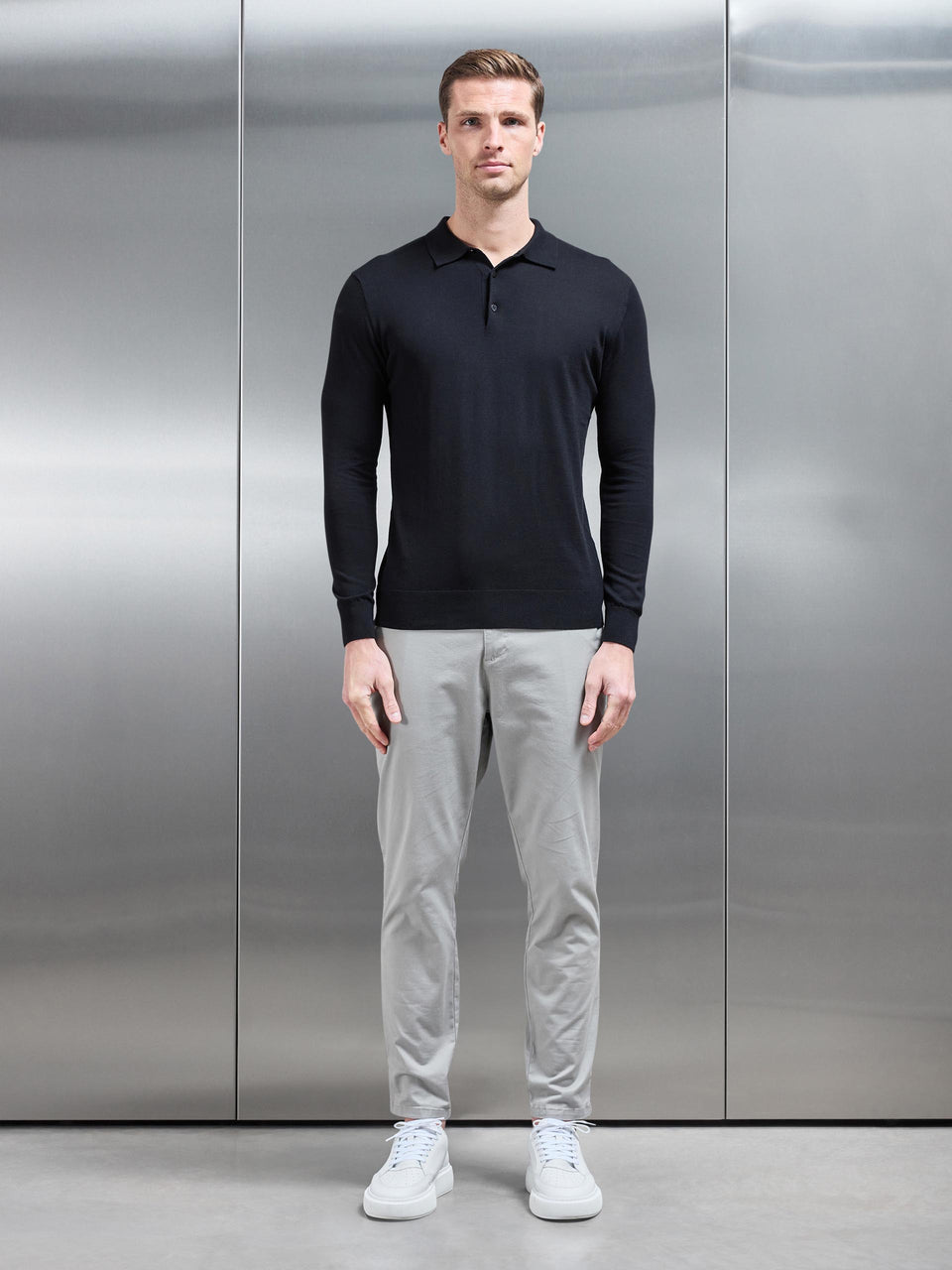 Cotton and Silk Long Sleeve Button Polo Shirt in Black