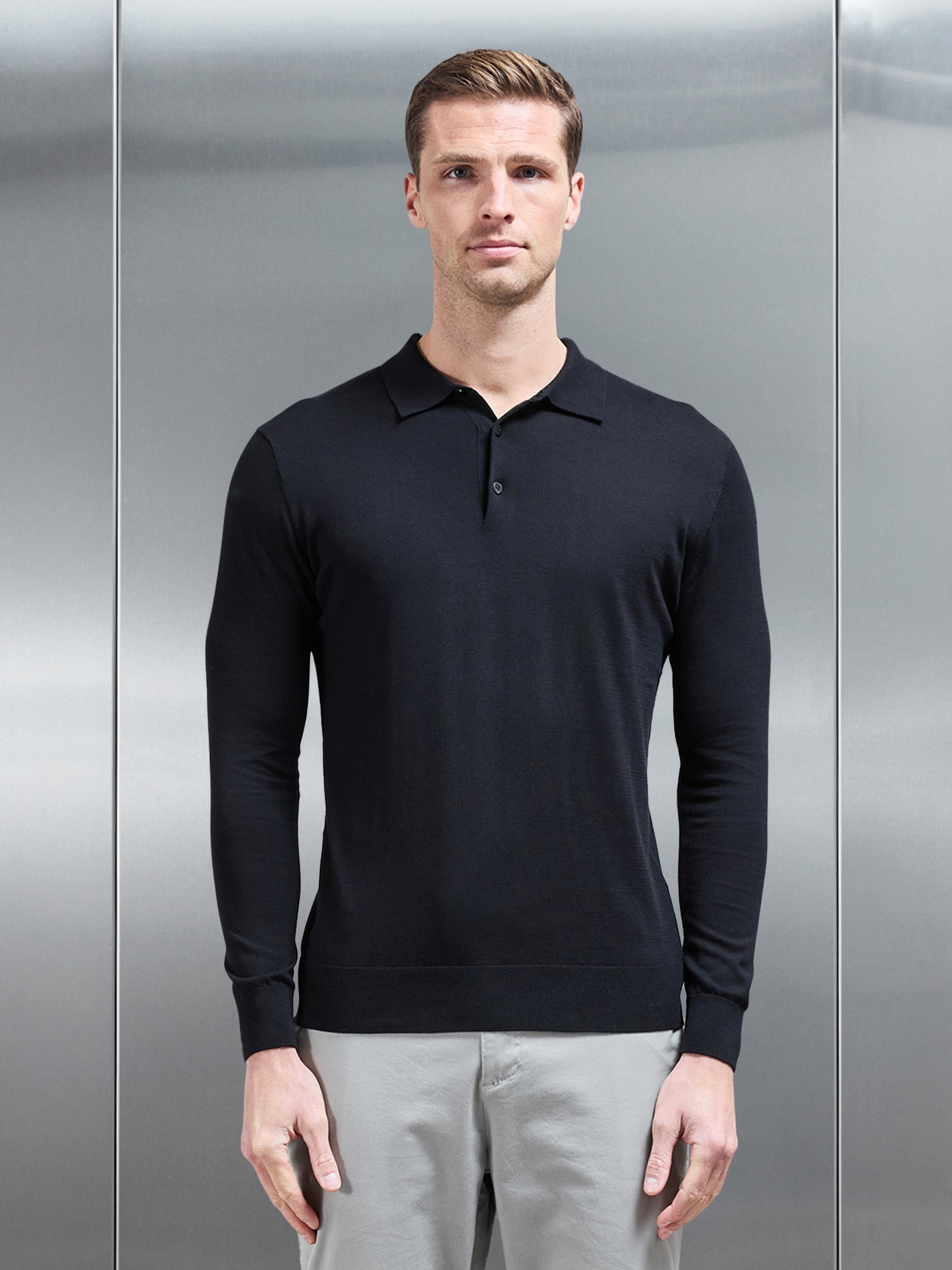 Cotton and Silk Long Sleeve Button Polo Shirt in Black