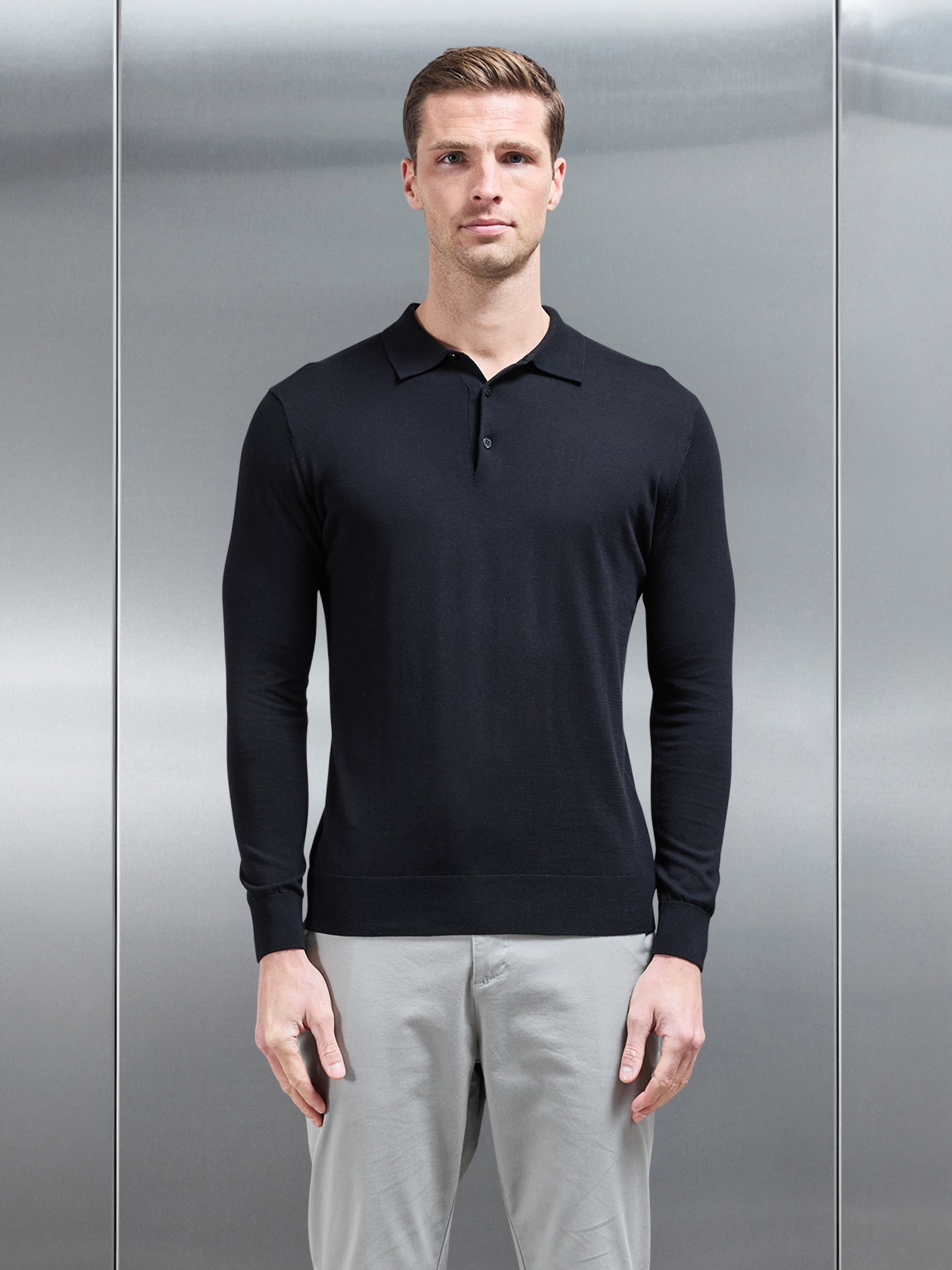 Cotton and Silk Long Sleeve Button Polo Shirt in Black