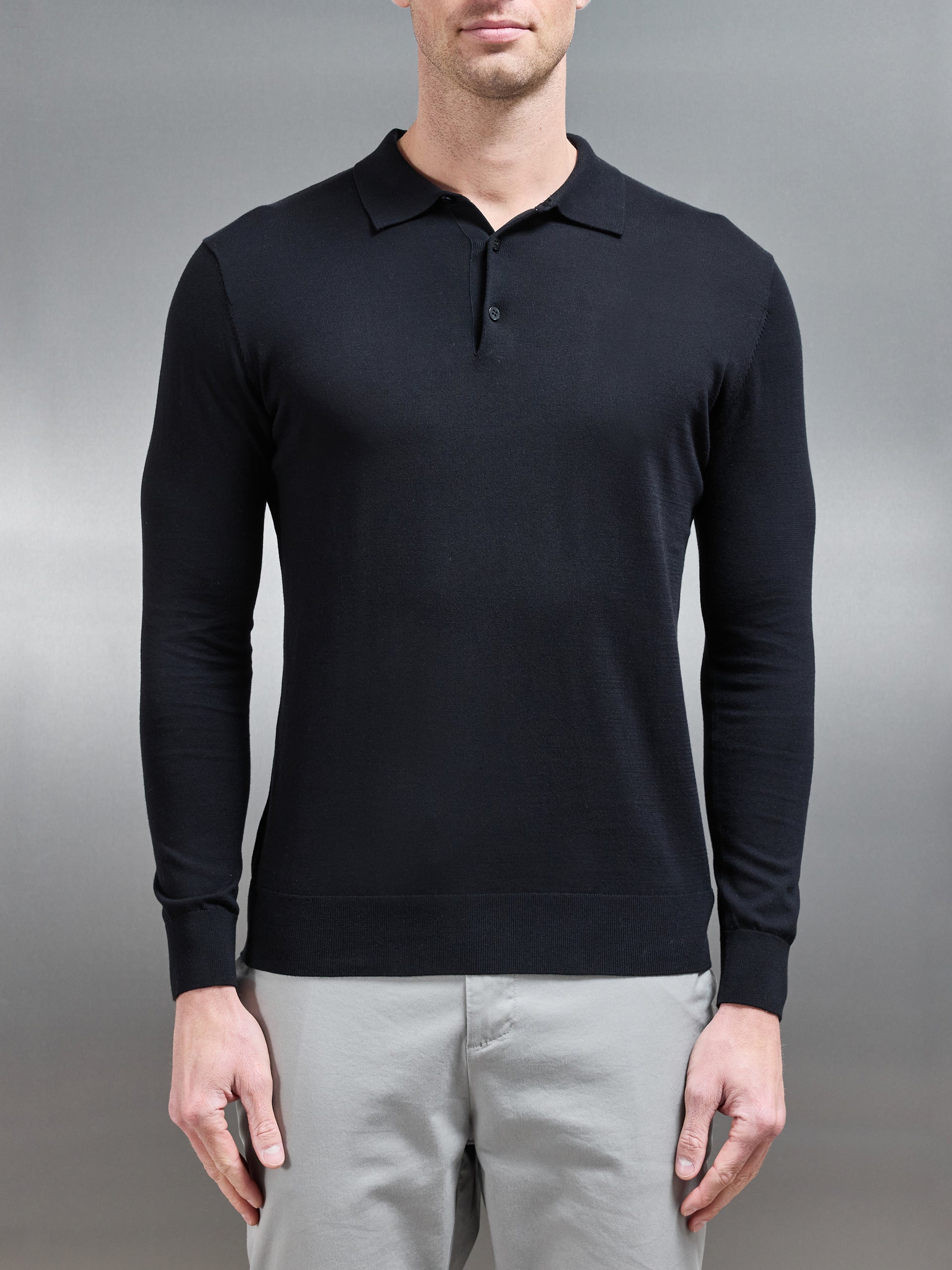 Cotton and Silk Long Sleeve Button Polo Shirt in Black