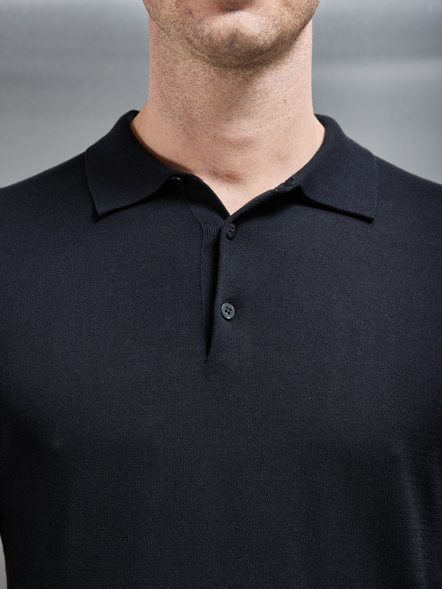 Cotton and Silk Long Sleeve Button Polo Shirt in Black