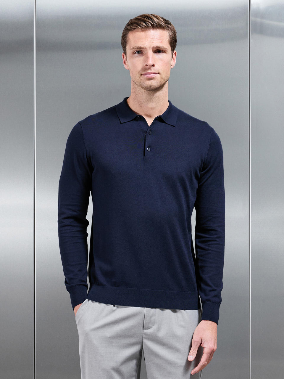 Cotton and Silk Long Sleeve Button Polo Shirt in Navy