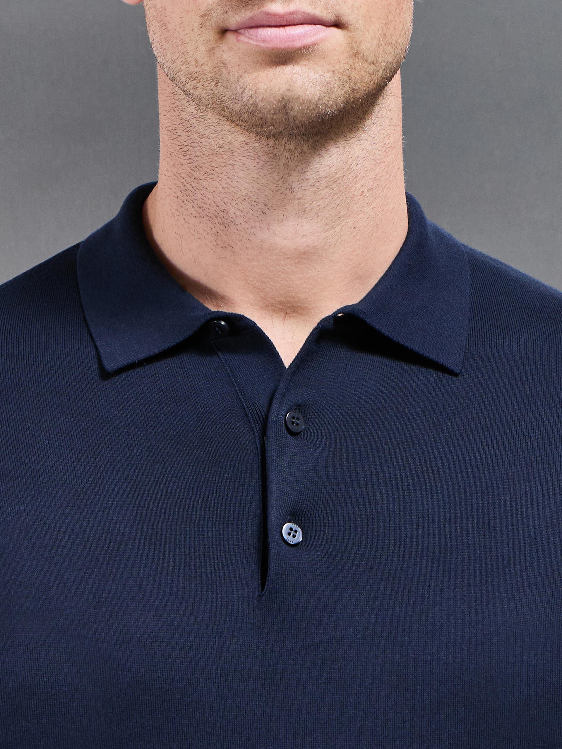 Cotton and Silk Long Sleeve Button Polo Shirt in Navy