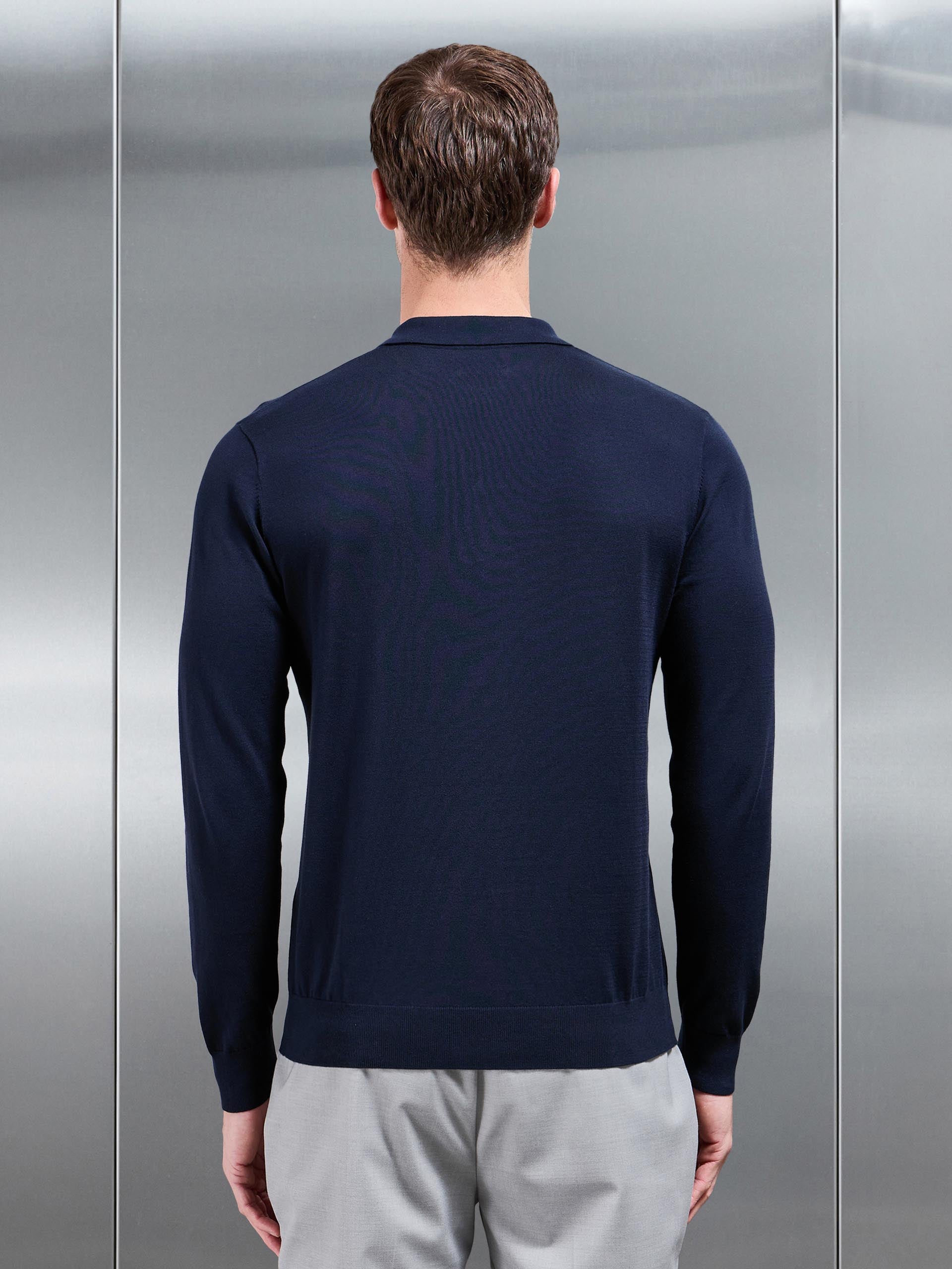Cotton and Silk Long Sleeve Button Polo Shirt in Navy