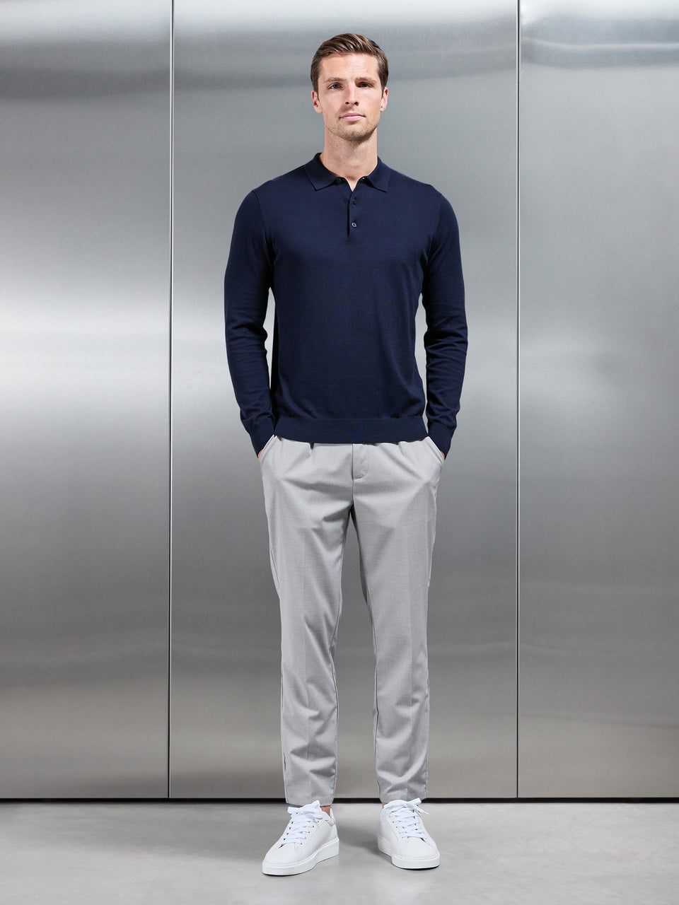 Cotton and Silk Long Sleeve Button Polo Shirt in Navy