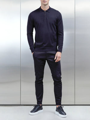 Cotton and Silk Long Sleeve Zip Polo Shirt in Black