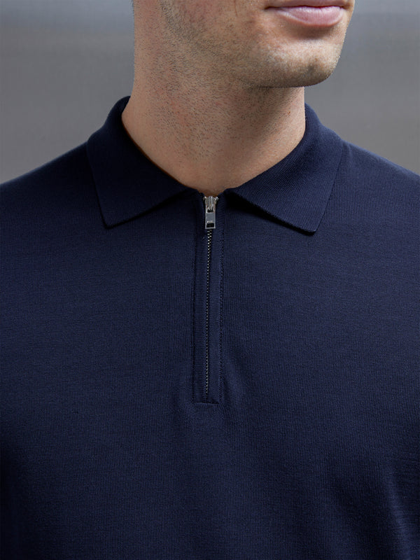 Cotton and Silk Long Sleeve Zip Polo Shirt in Navy