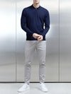 Cotton and Silk Long Sleeve Zip Polo Shirt in Navy