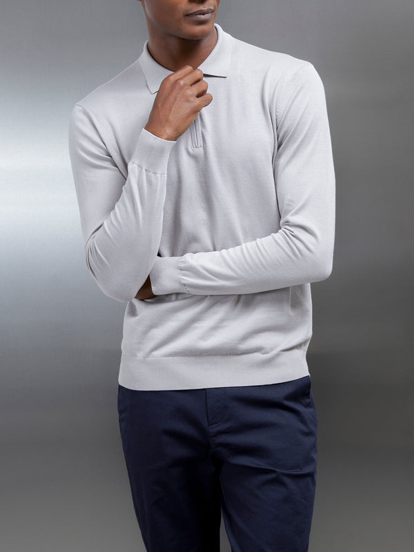 Cotton and Silk Long Sleeve Zip Polo Shirt in Stone