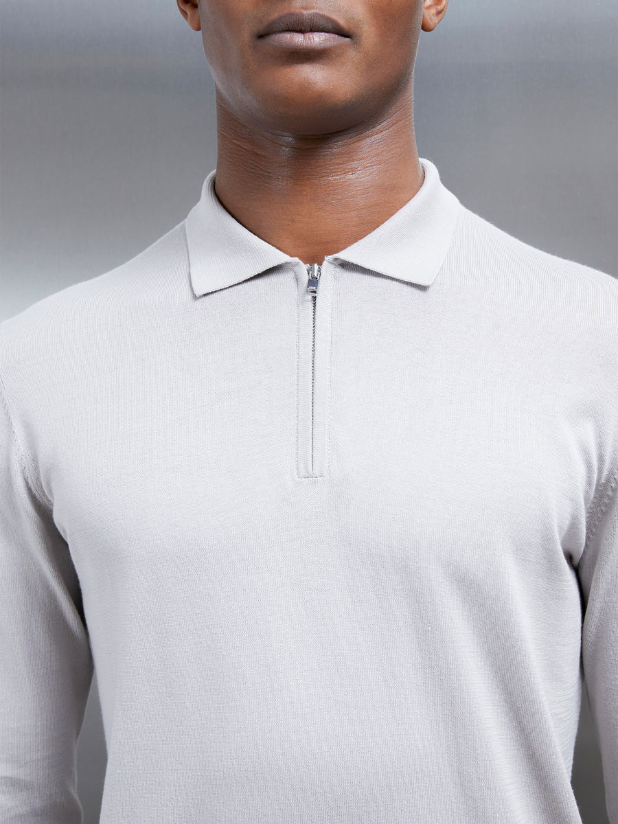 Cotton and Silk Long Sleeve Zip Polo Shirt in Stone