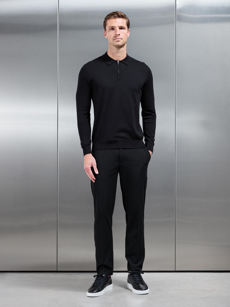 Cotton and Silk Long Sleeve Zip Polo Shirt in Black