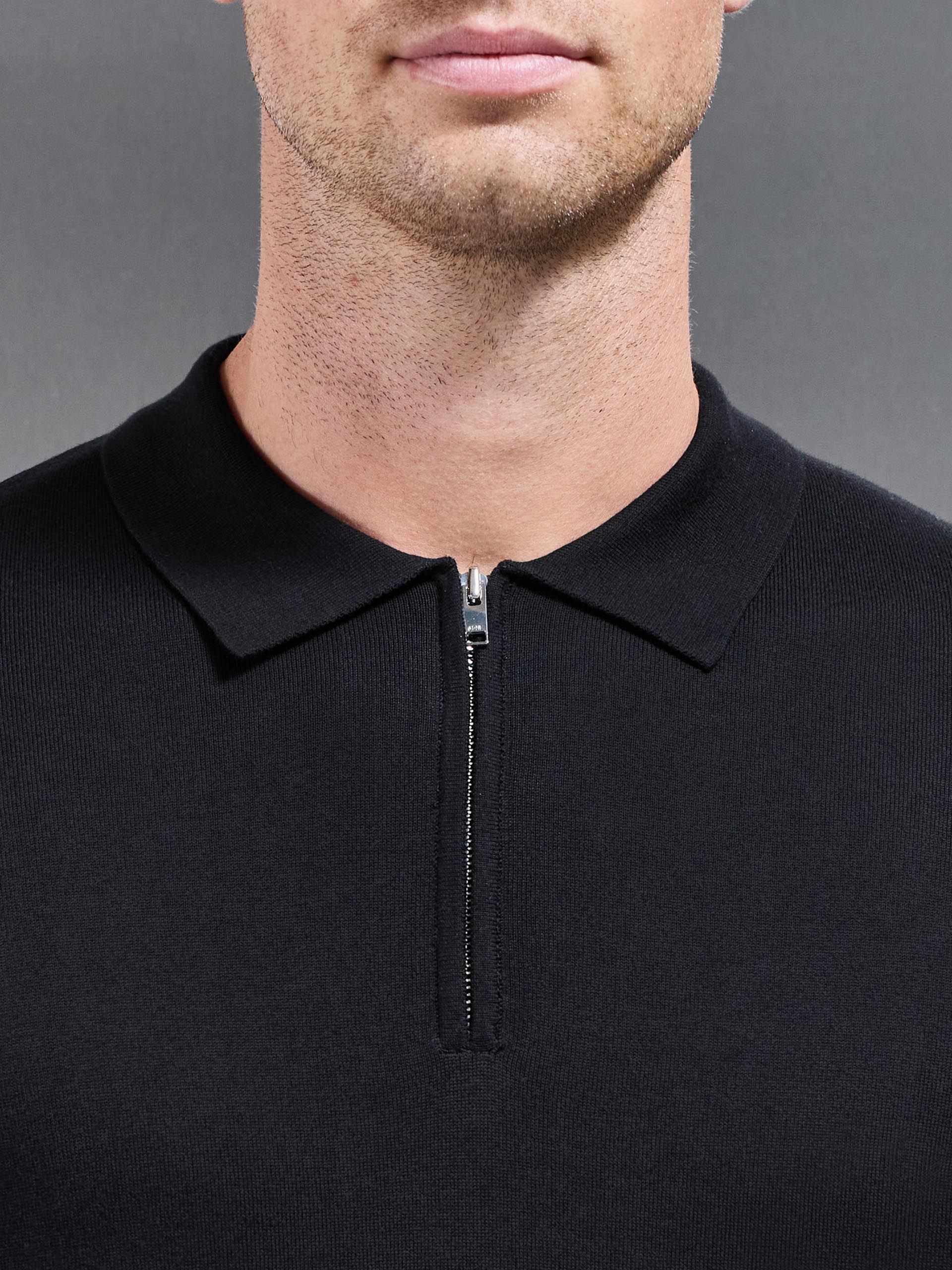 Cotton and Silk Long Sleeve Zip Polo Shirt in Black