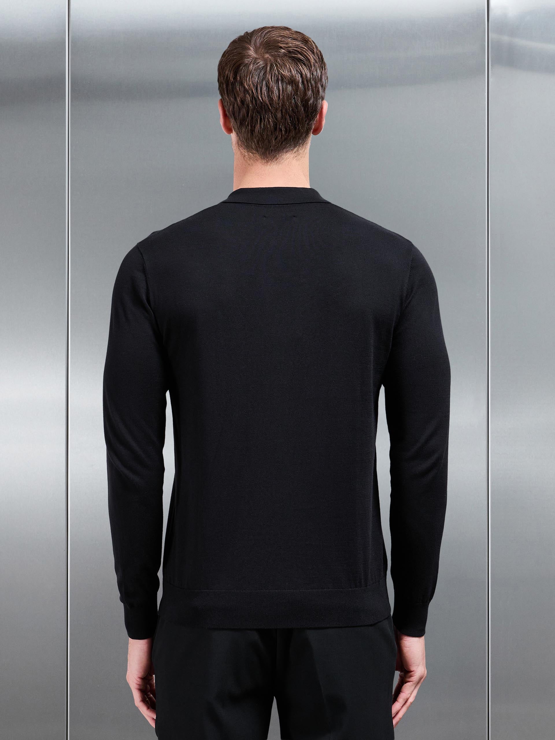 Cotton and Silk Long Sleeve Zip Polo Shirt in Black
