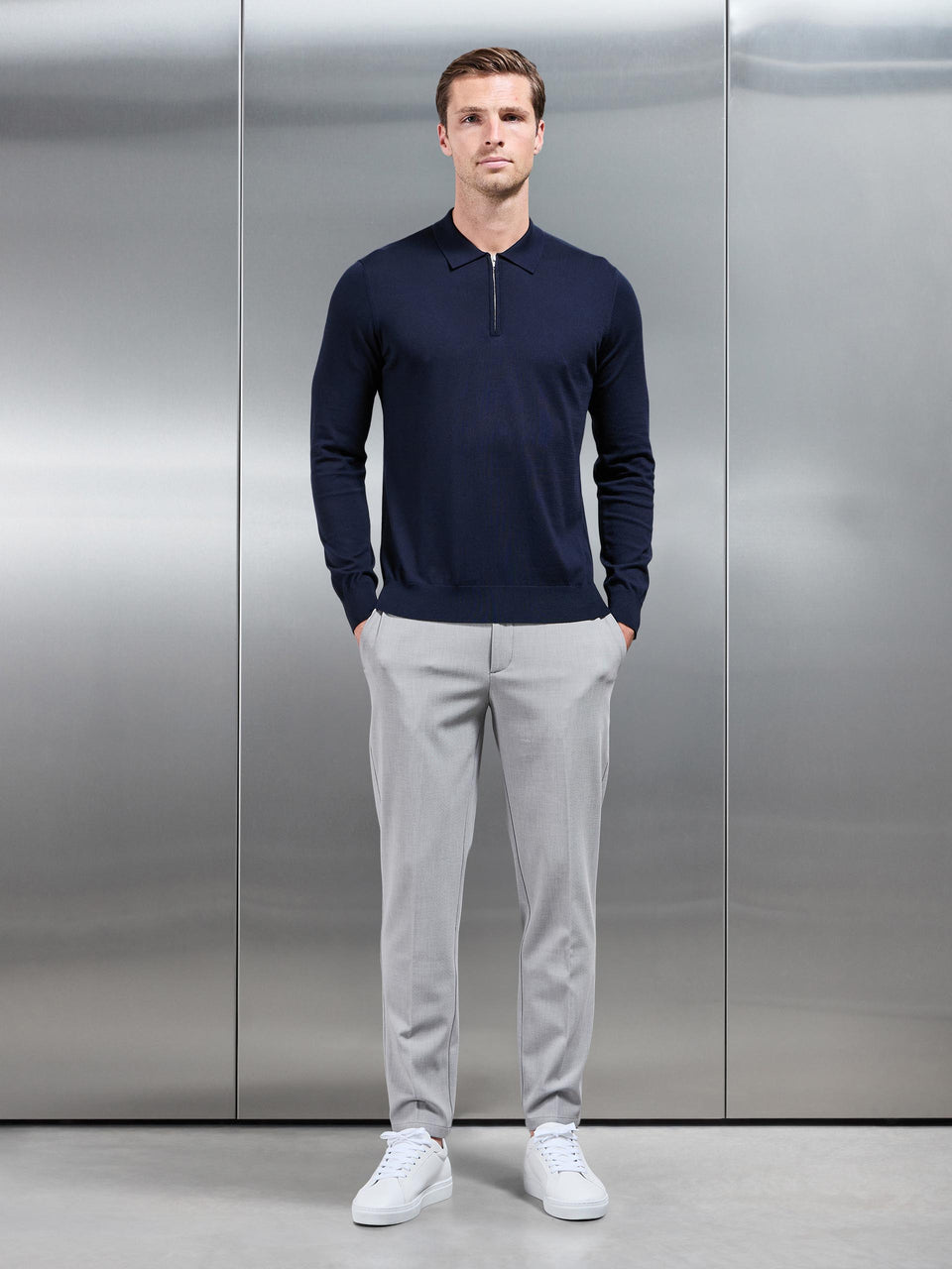 Cotton and Silk Long Sleeve Zip Polo Shirt in Navy