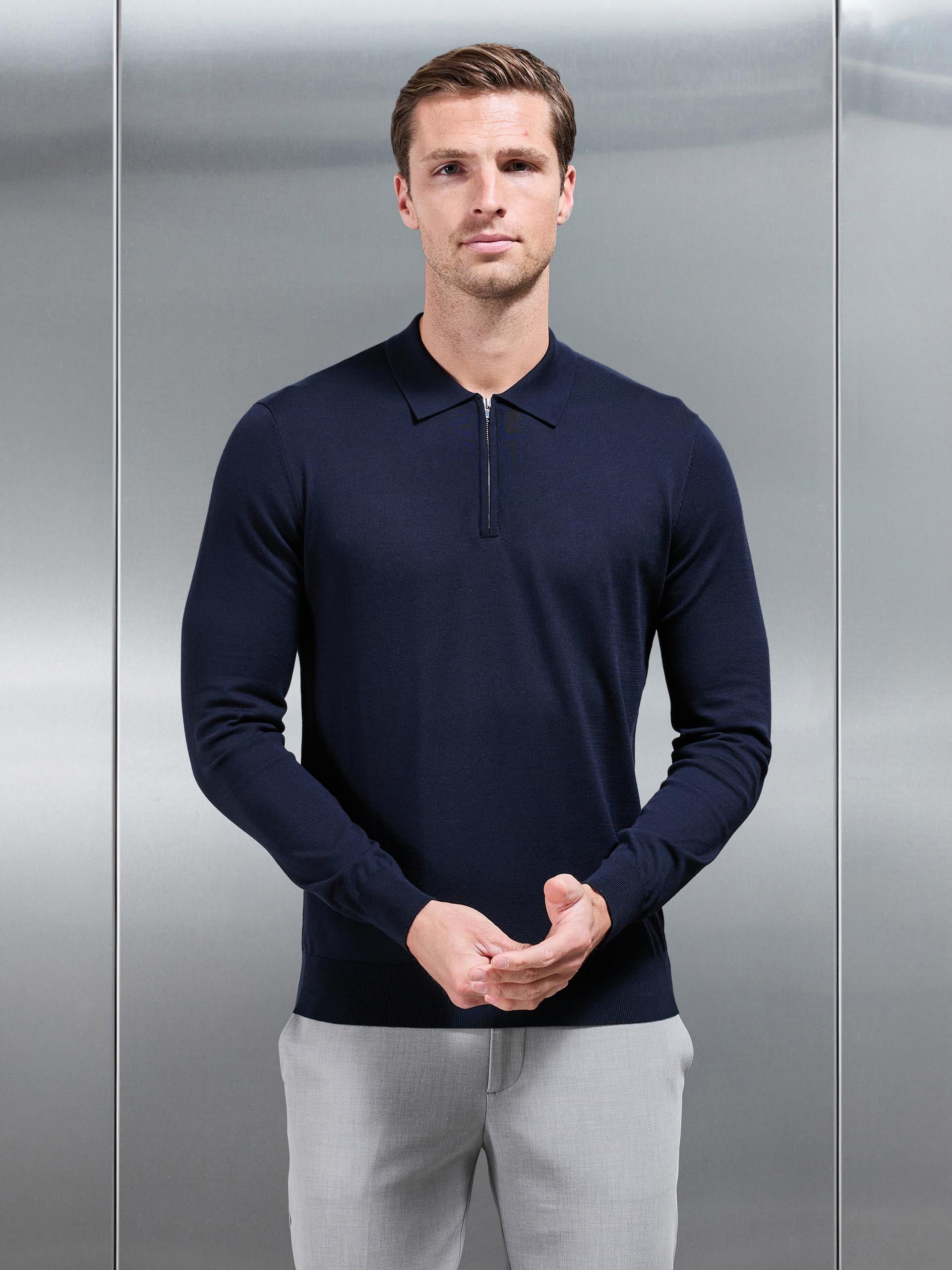 Cotton and Silk Long Sleeve Zip Polo Shirt in Navy