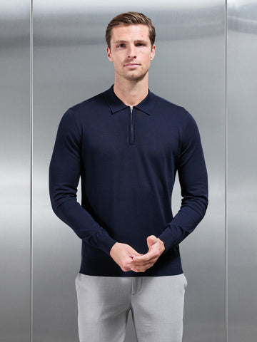 Cotton and Silk Long Sleeve Zip Polo Shirt in Navy