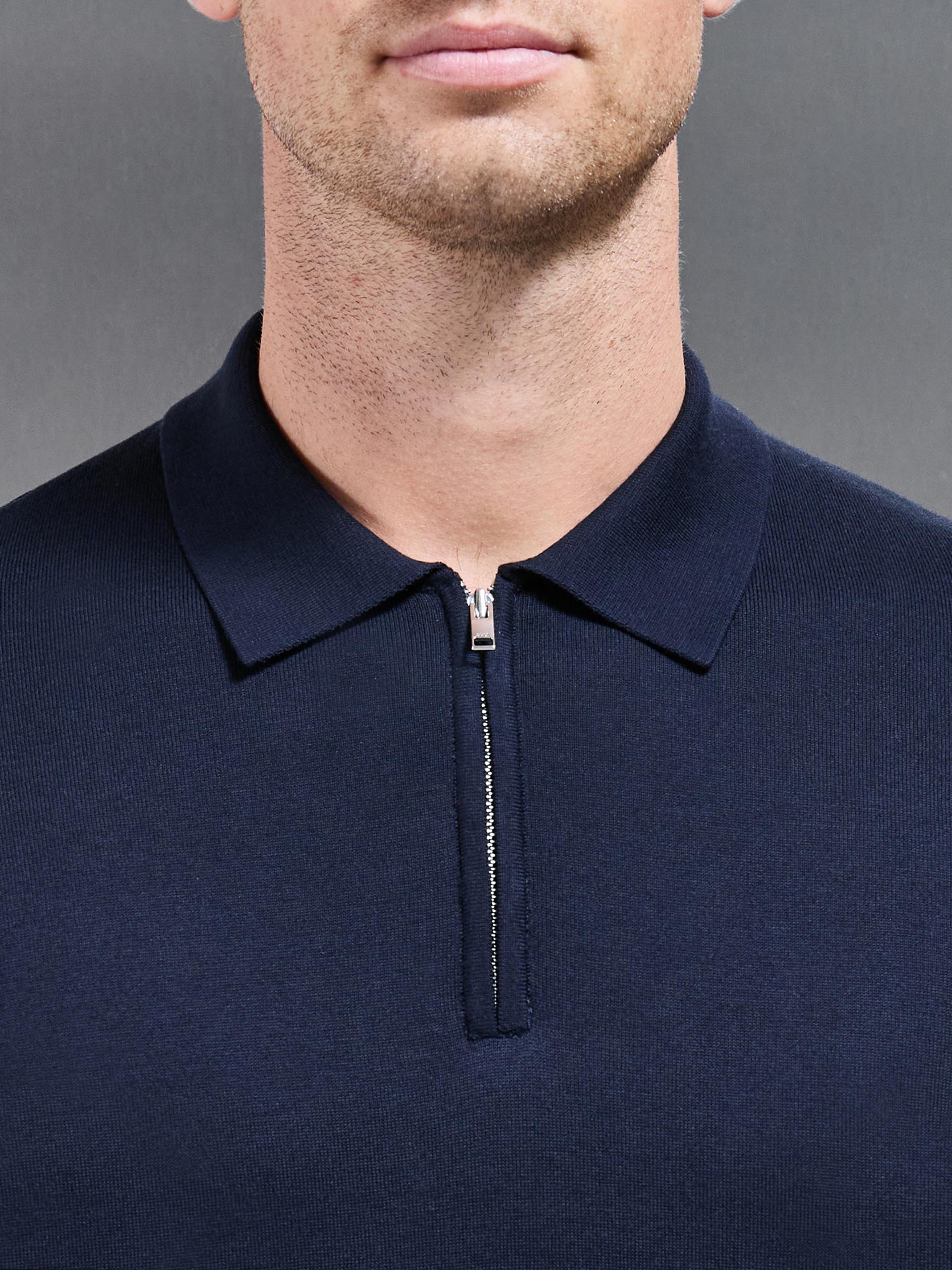 Cotton and Silk Long Sleeve Zip Polo Shirt in Navy
