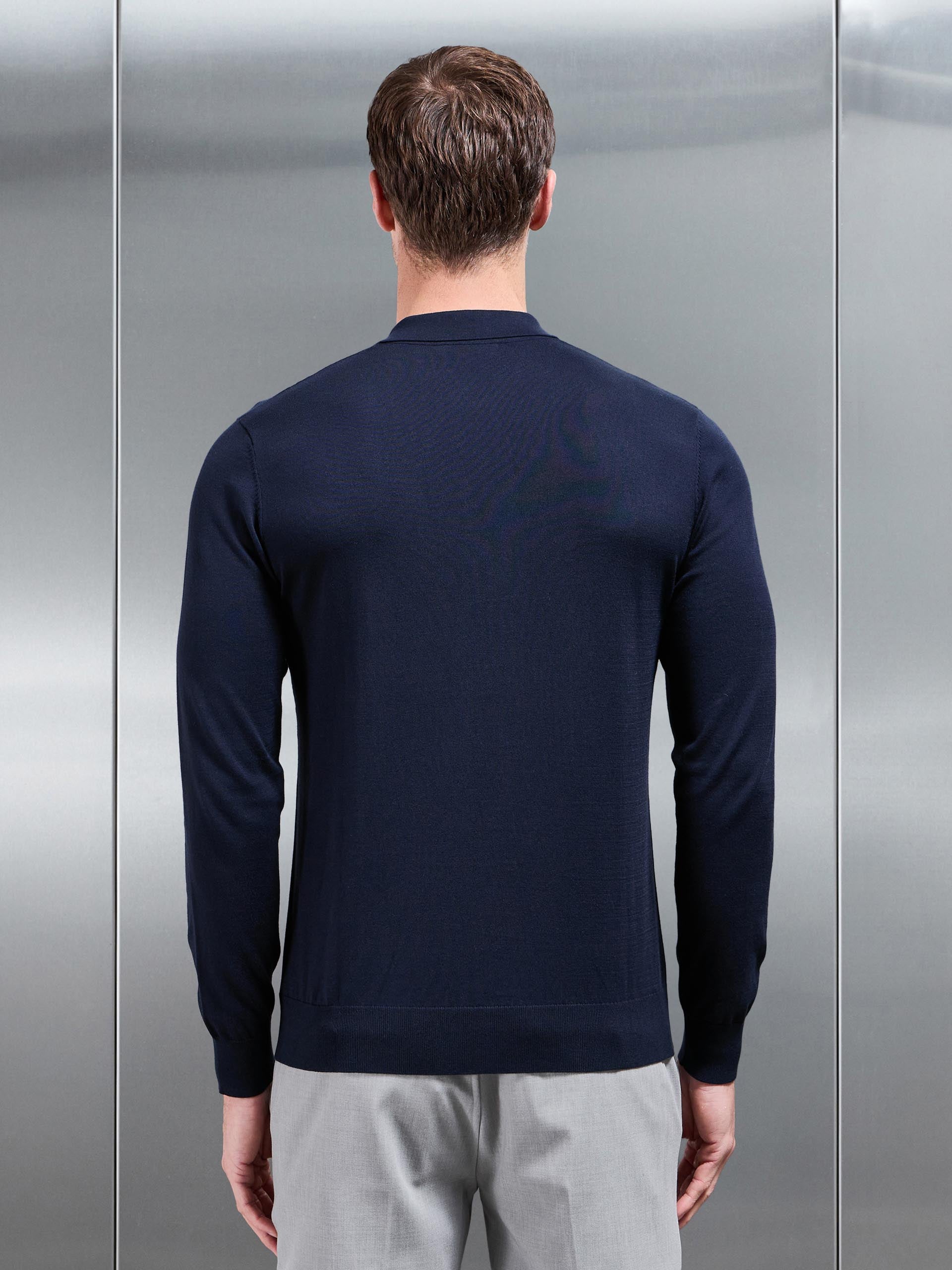 Cotton and Silk Long Sleeve Zip Polo Shirt in Navy