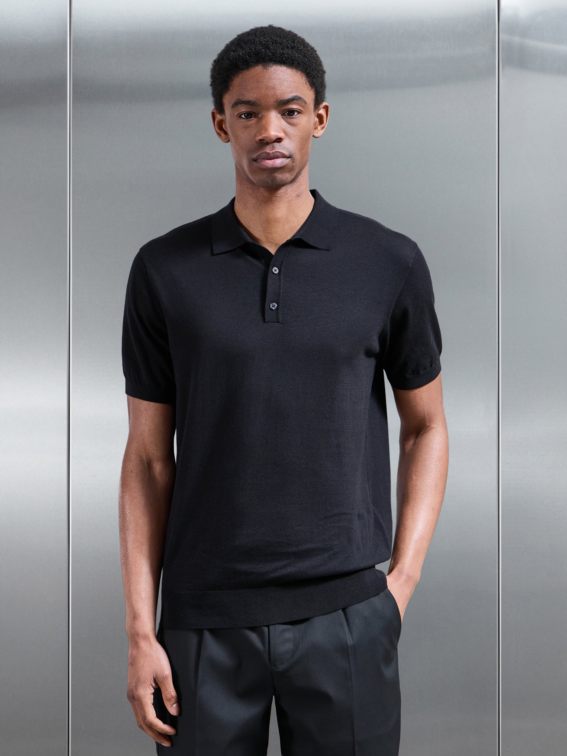 Cotton and Silk Polo Shirt in Black