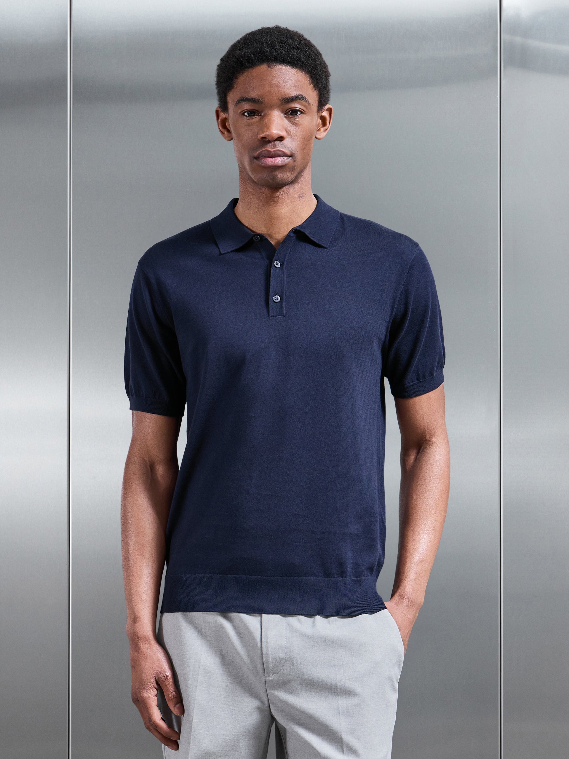 Cotton And Silk Polo Shirt in Navy