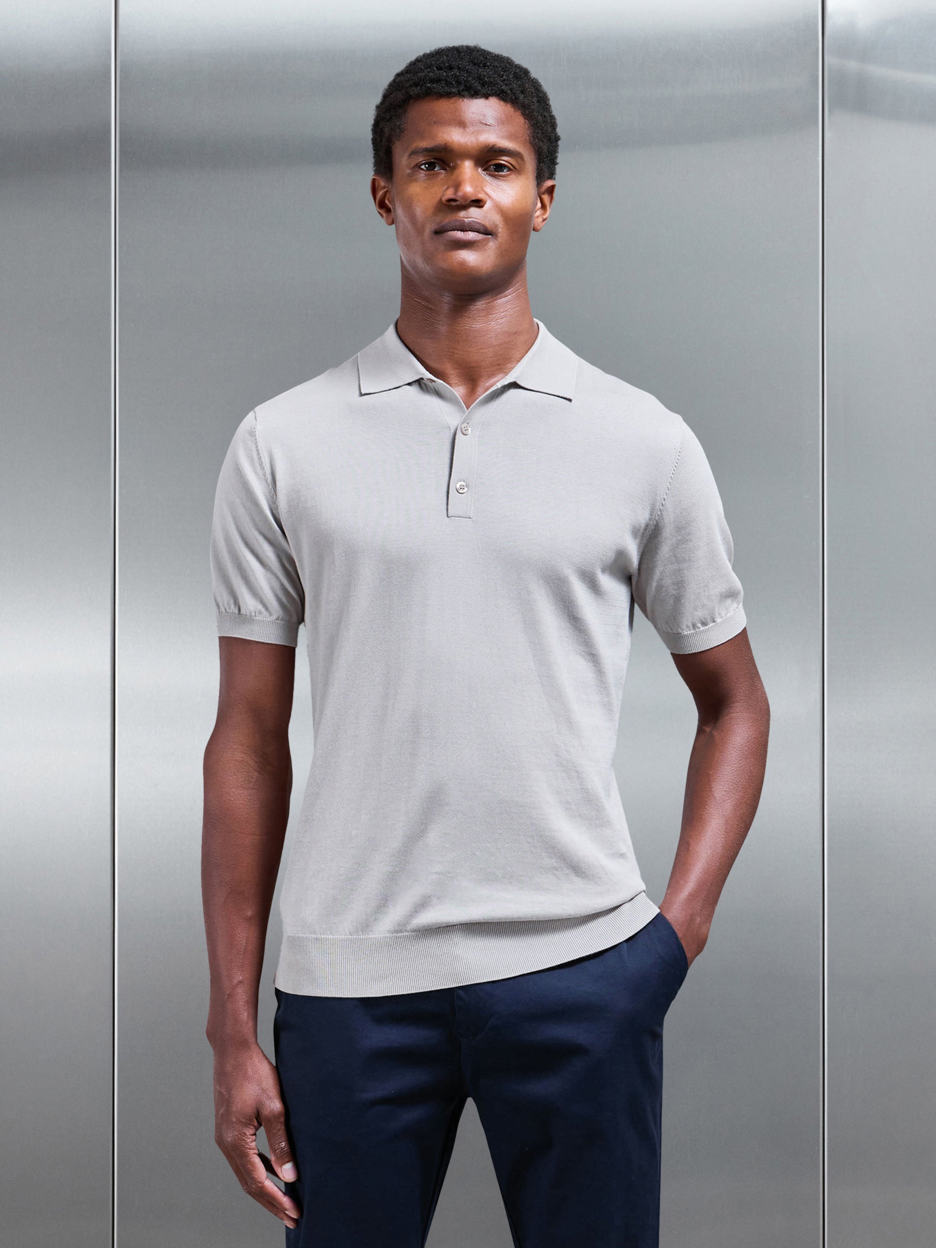 Cotton and Silk Polo Shirt in Stone