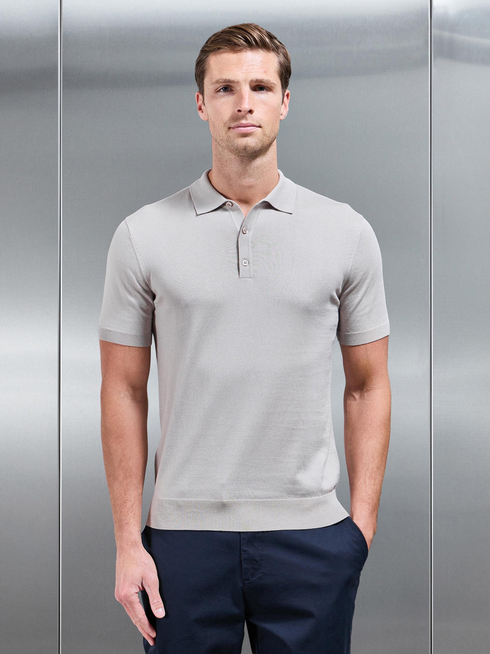 Cotton and Silk Polo Shirt in Stone