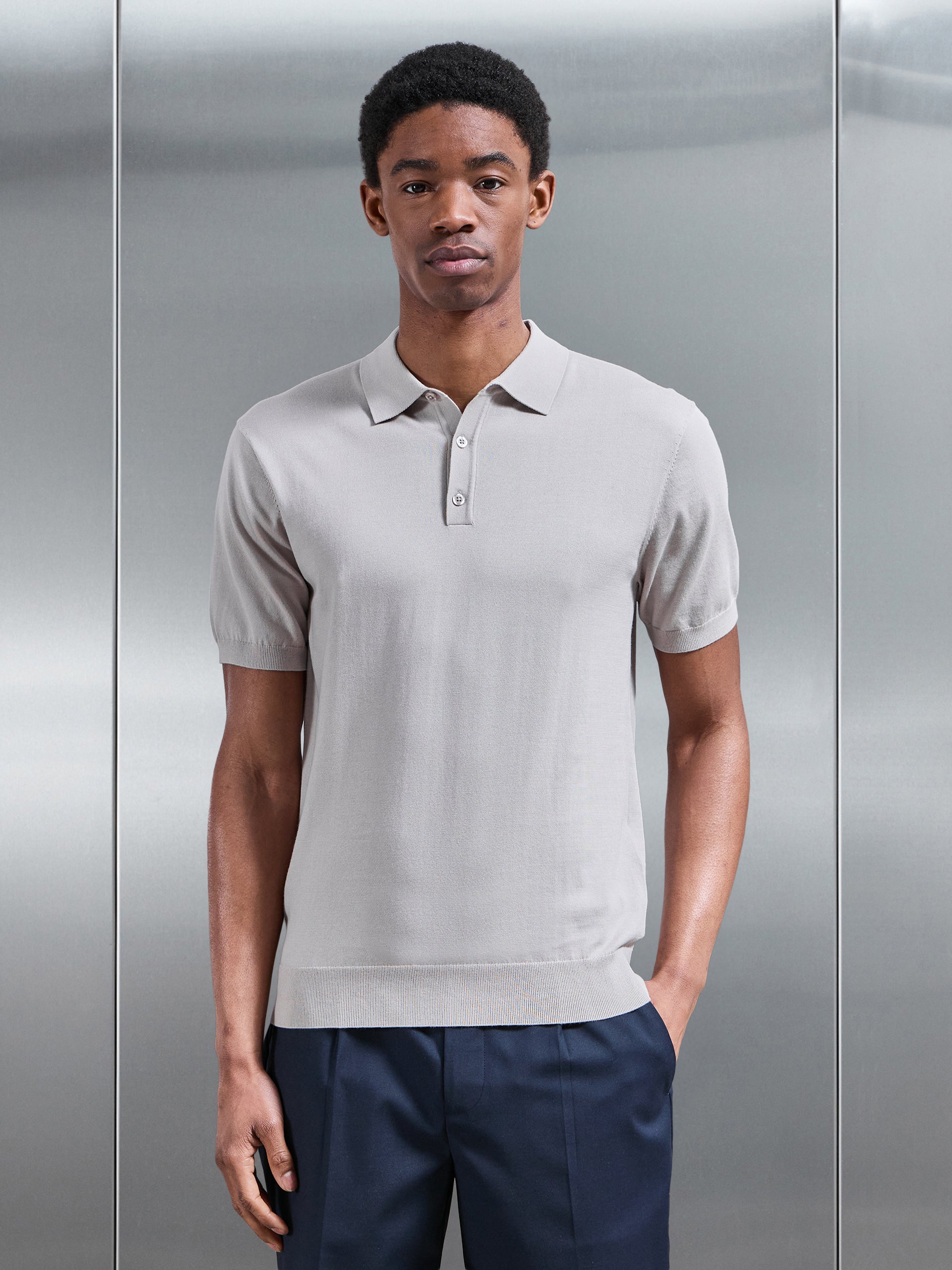 Cotton and Silk Polo Shirt in Stone