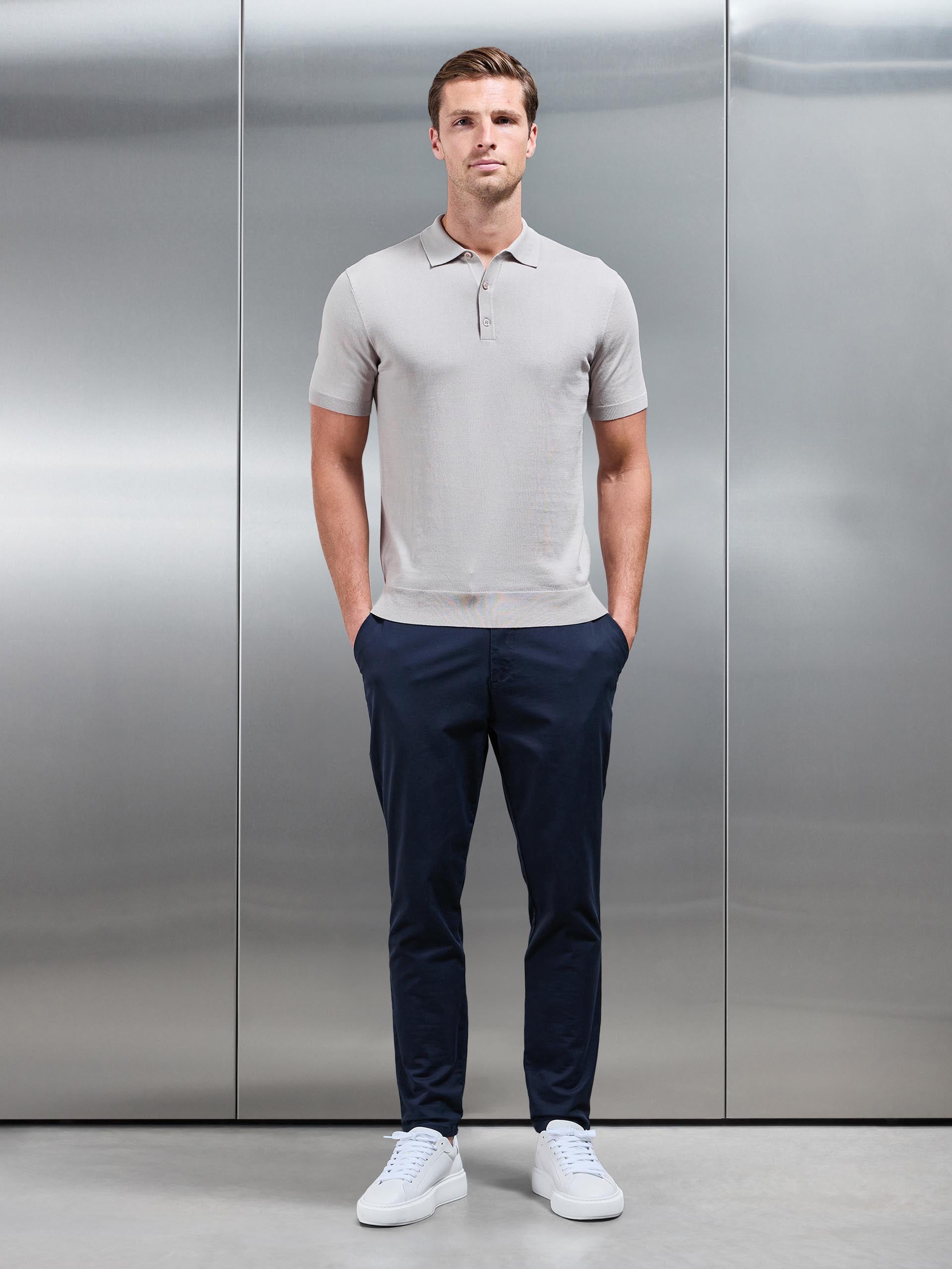Cotton and Silk Polo Shirt in Stone