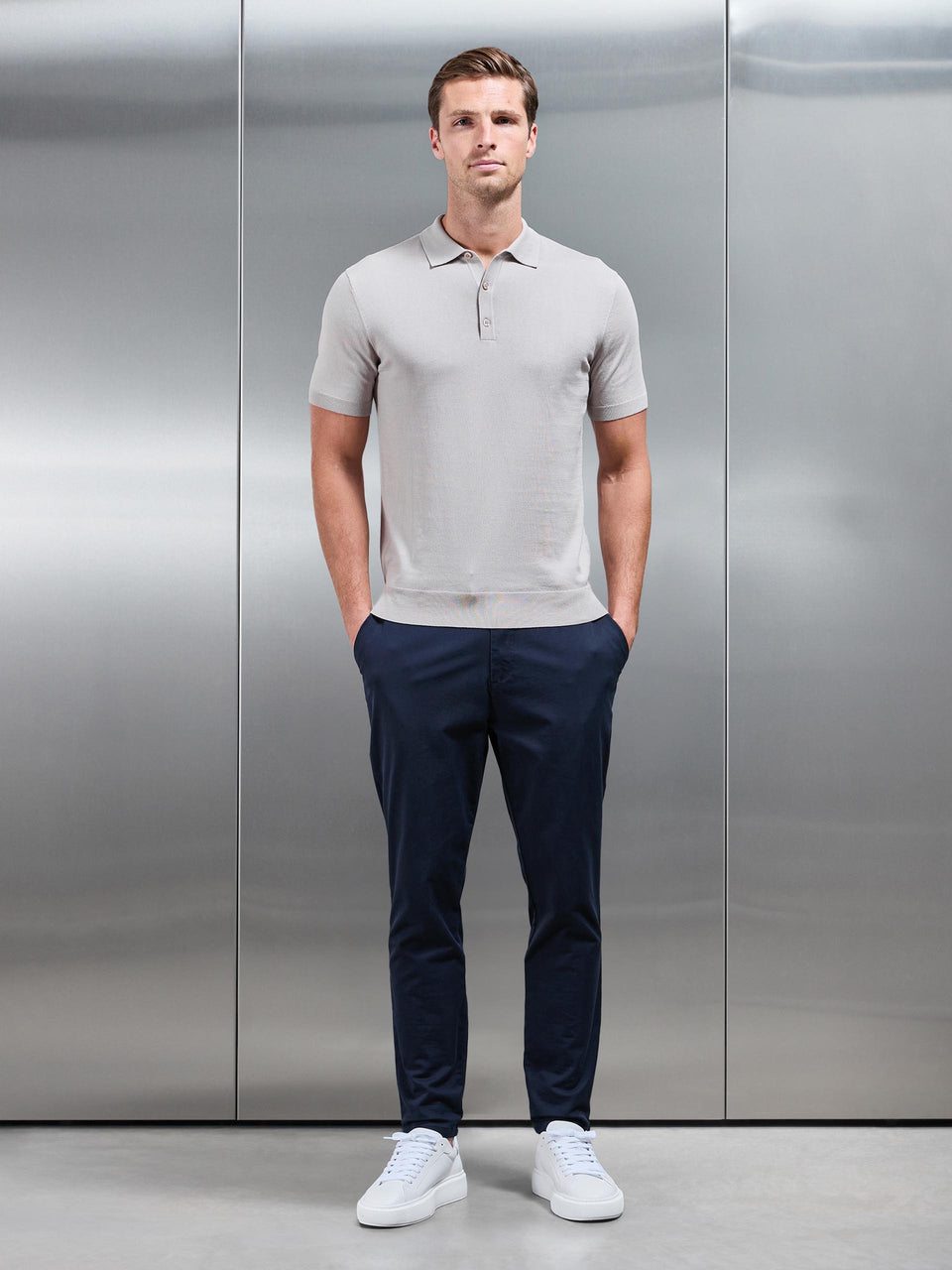 Cotton and Silk Polo Shirt in Stone