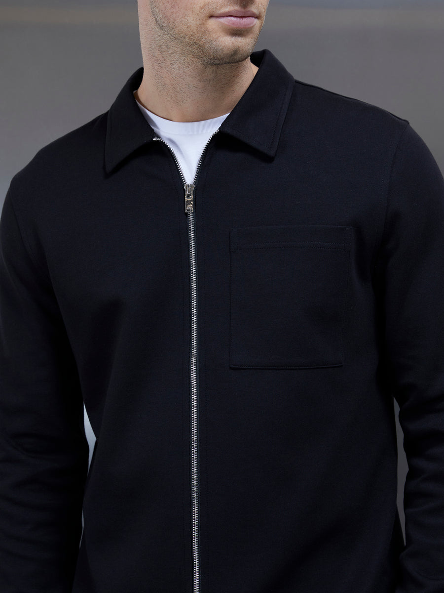 Cotton Jersey Zip Through Overshirt in Black