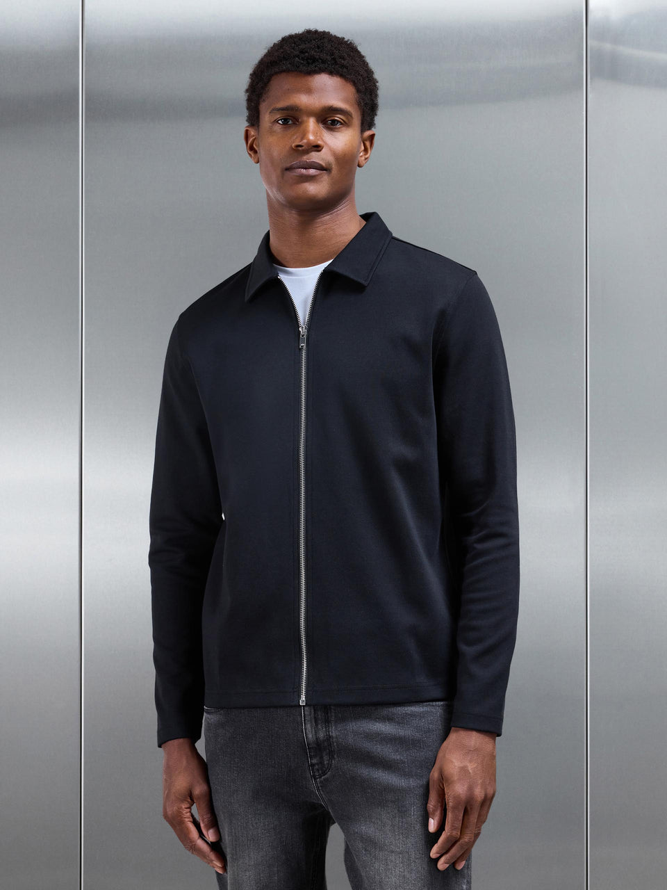 Cotton Jersey Zip Through Overshirt in Black