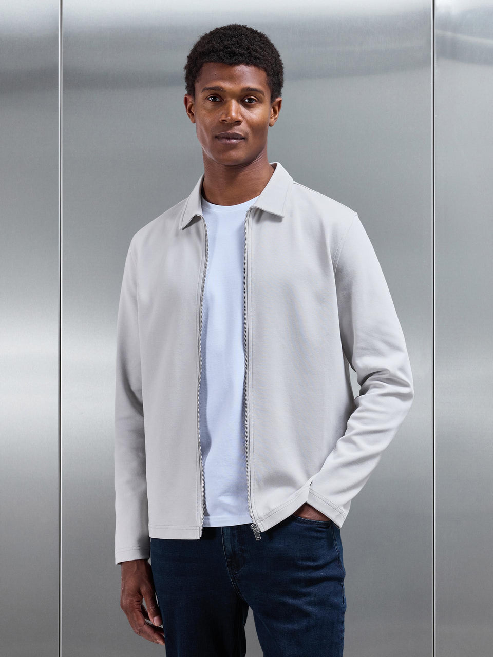 Cotton Jersey Zip Through Overshirt in Mid Grey